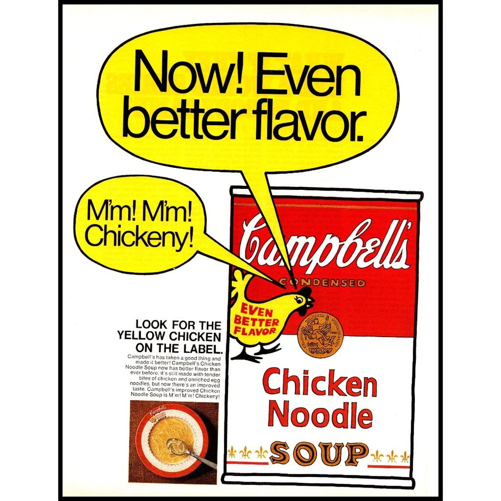 1971 Campbell's Chicken Noodle Soup Vintage Print Ad Graphic Color Block Decor